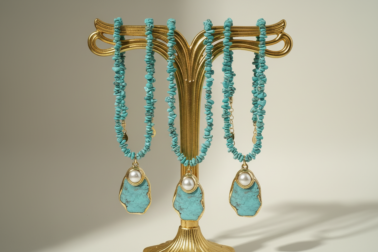 Turquoise necklace and earrings on a gold stand against a beige background