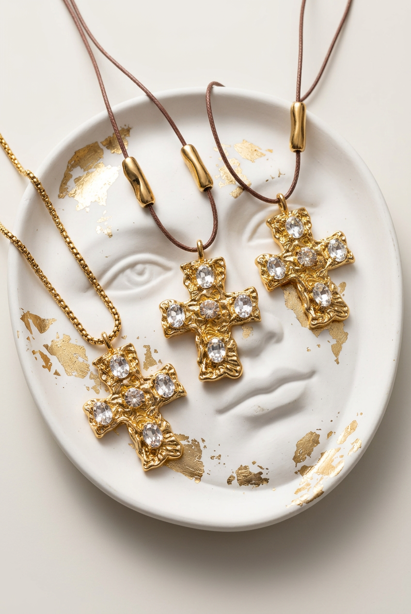 Three gold cross pendant necklaces with clear rhinestone accents are arranged on a white oval tray with gold leaf details. The necklaces include one with a gold chain and two with brown cords, all displayed against a light beige background.