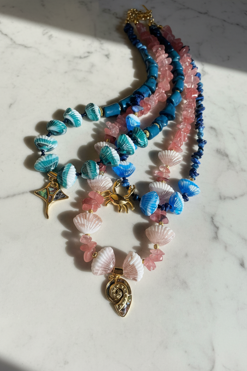 Colorful beaded necklaces with shell and starfish pendants on a marble surface
