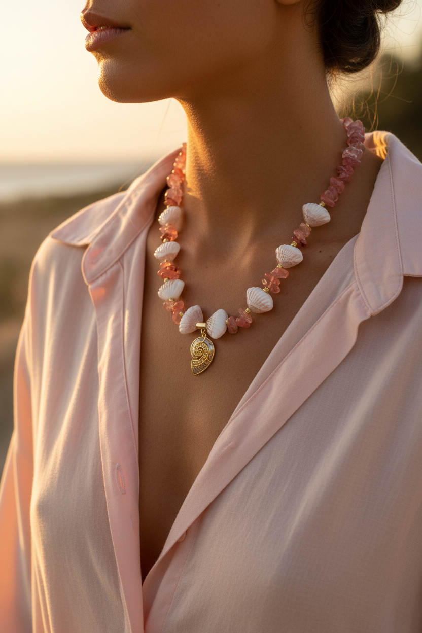 Woman wearing a pink shell necklace with a blurred sunset background