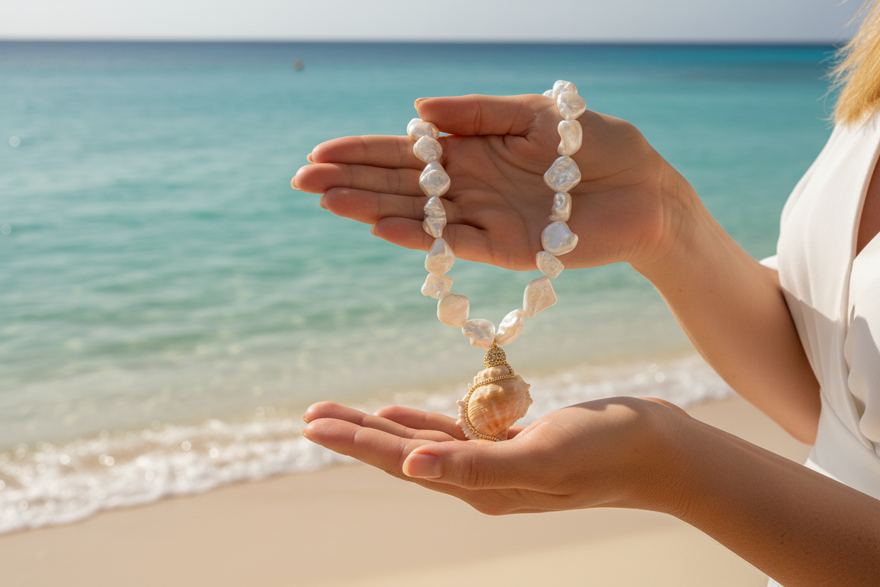 Person holding a pearl necklace with a shell against a beach backdrop