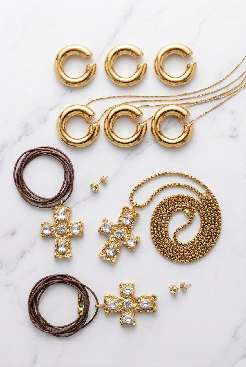 Gold necklaces with various pendants on a textured surface