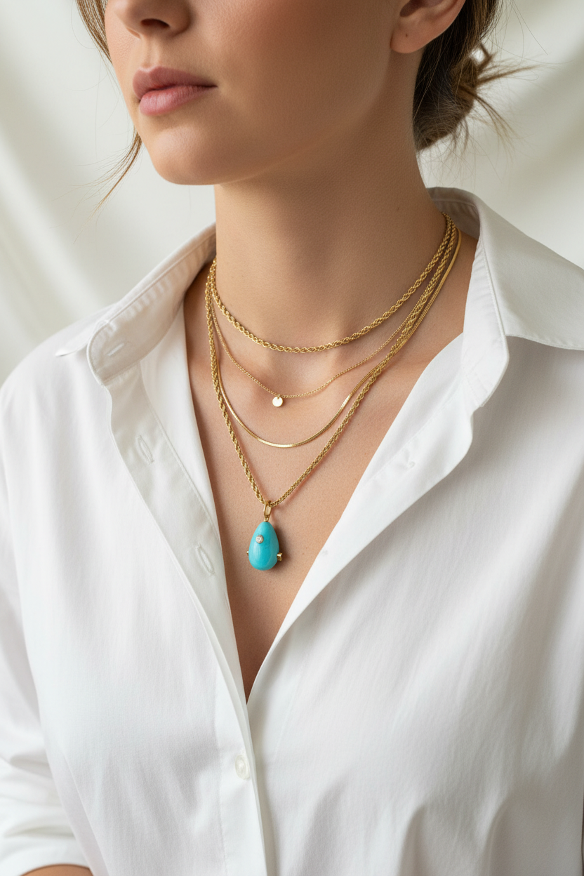 Turquoise drop stainless steel long necklace