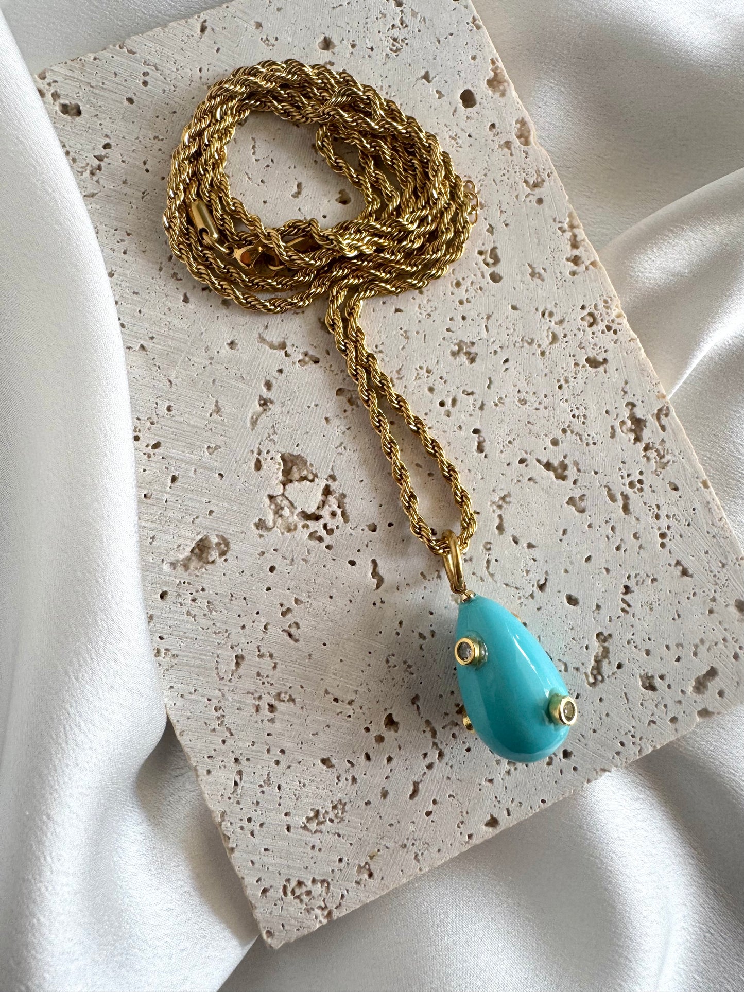Turquoise drop stainless steel long necklace