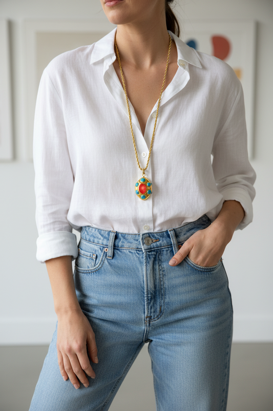 Coral charm stainless steel long necklace