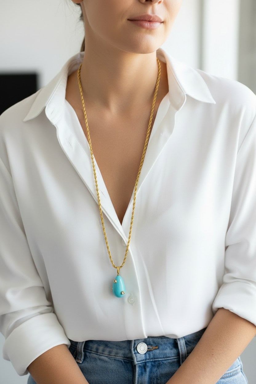 Turquoise drop stainless steel long necklace