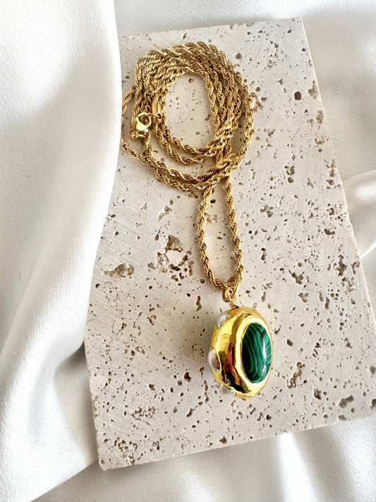 Malachite charm stainless steel long necklace