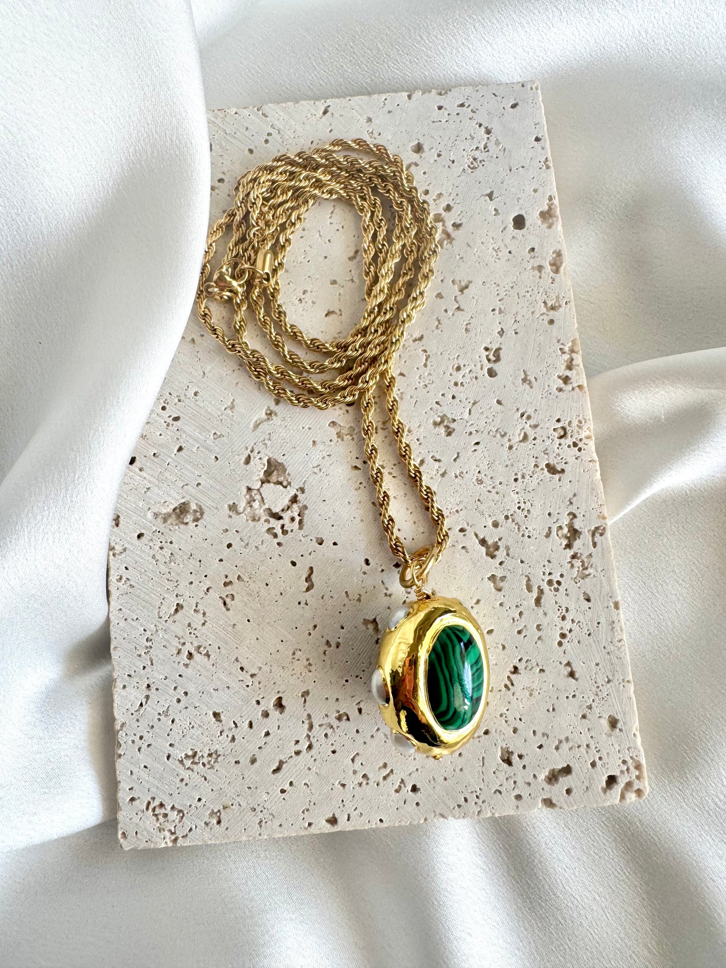 Malachite charm stainless steel long necklace