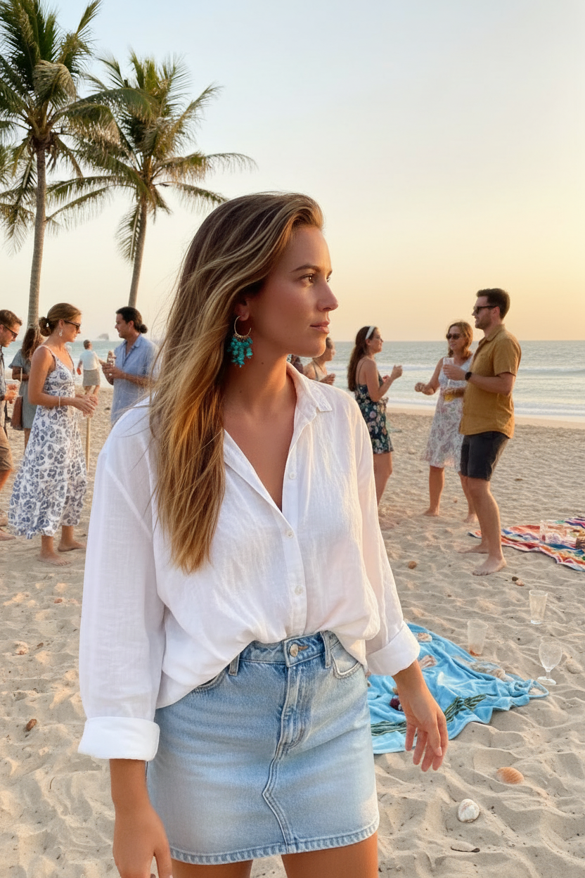 BLUE MOON stainless steel summer hoop earrings with turquoise beads