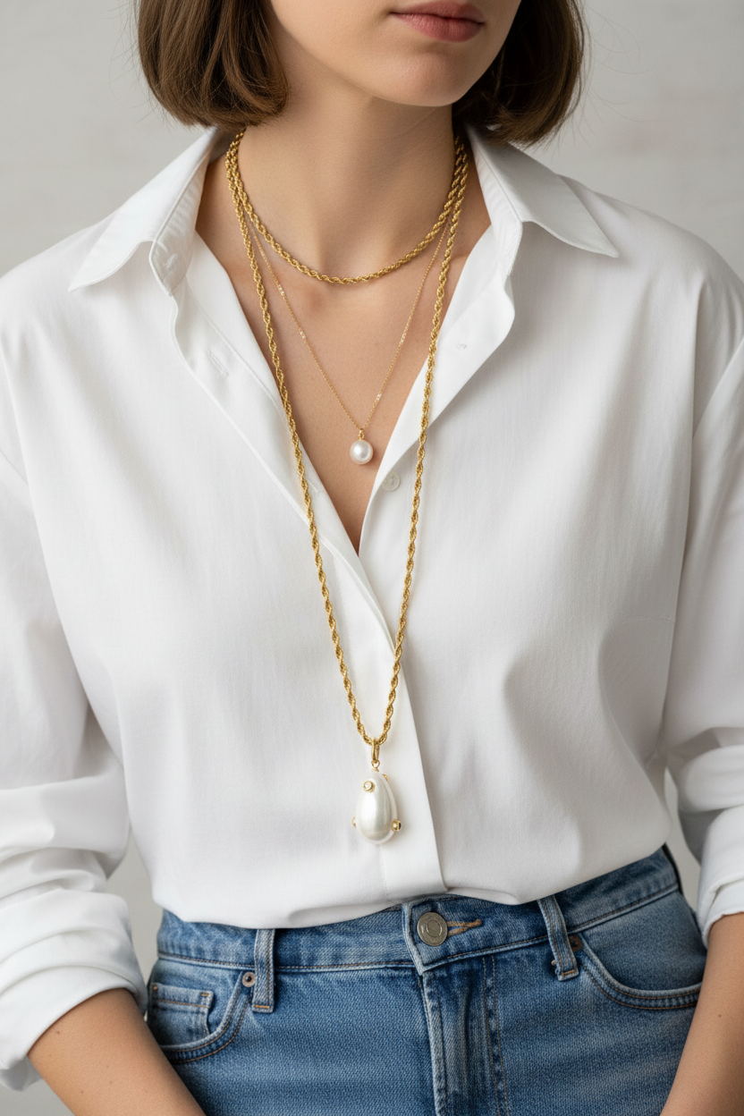 White drop stainless steel long necklace