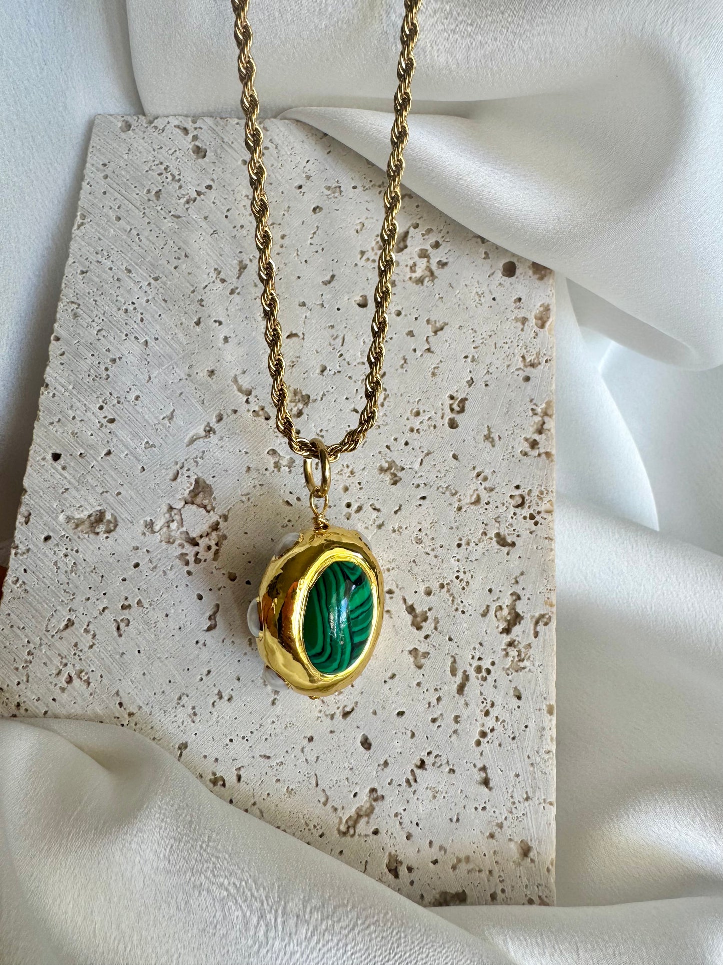 Malachite charm stainless steel long necklace