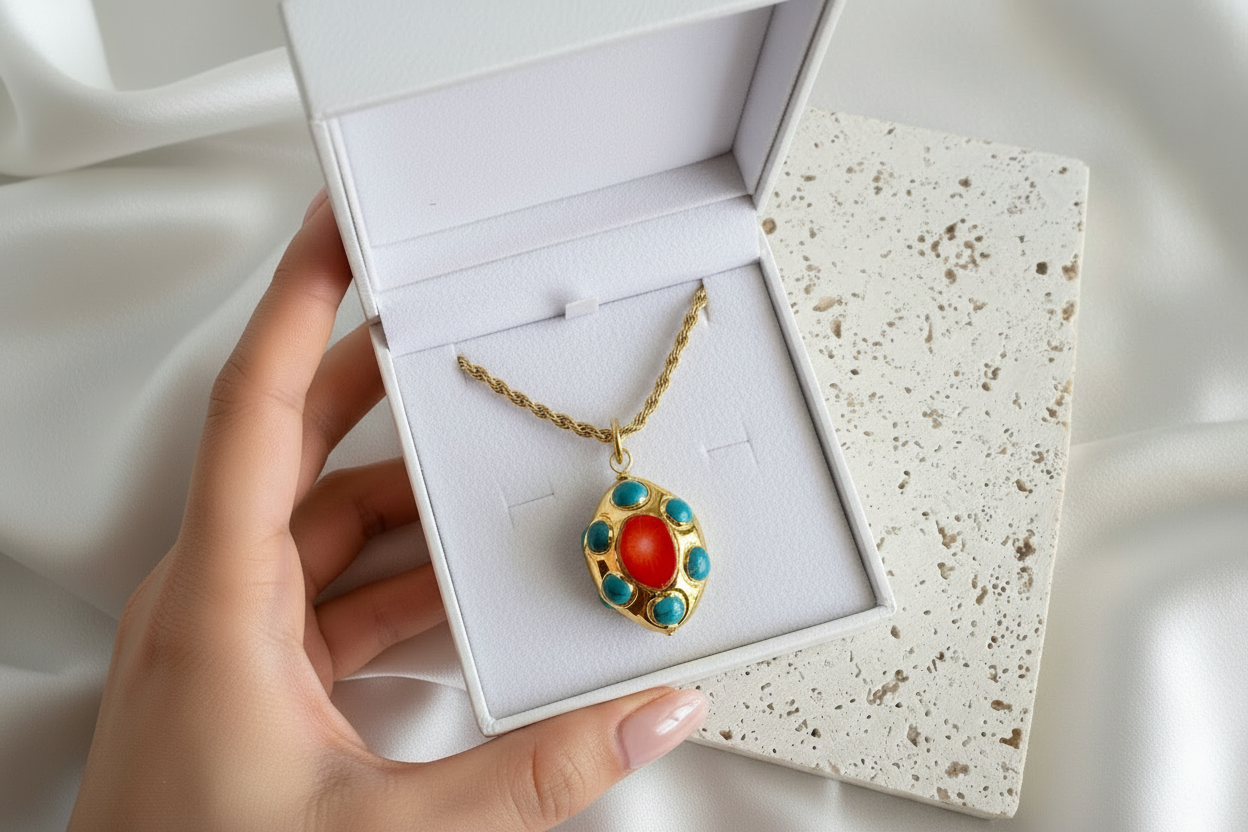 Coral charm stainless steel long necklace