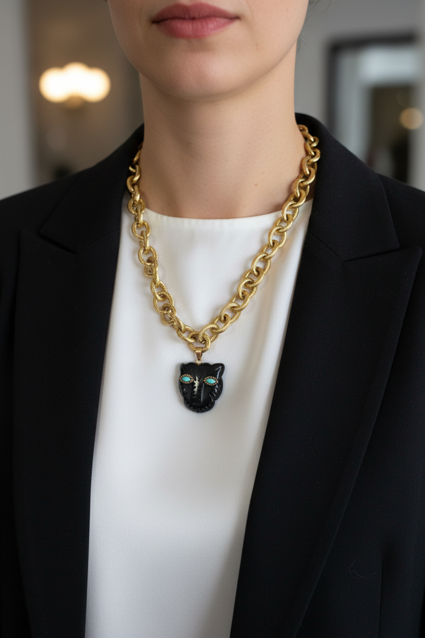 Black Onyx PANTHER stainless steel chain necklace