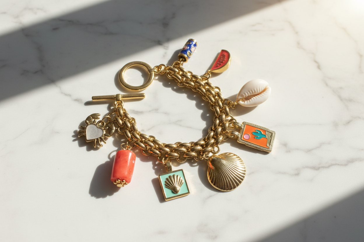 Gold charm bracelet with various summer charms on a marble surface