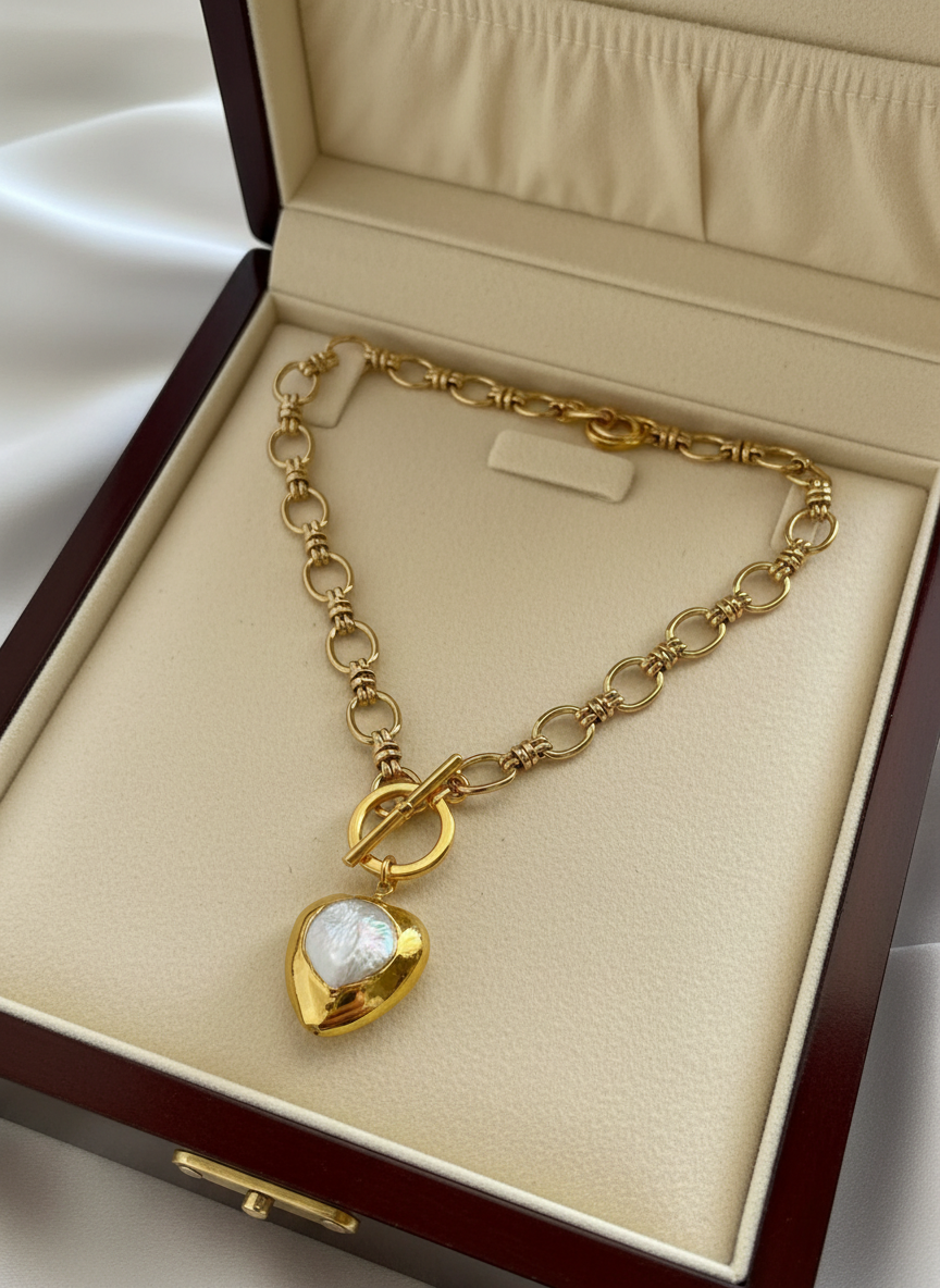 MONICA Mother of Pearl Heart Necklace – Gold Plated Statement Jewelry