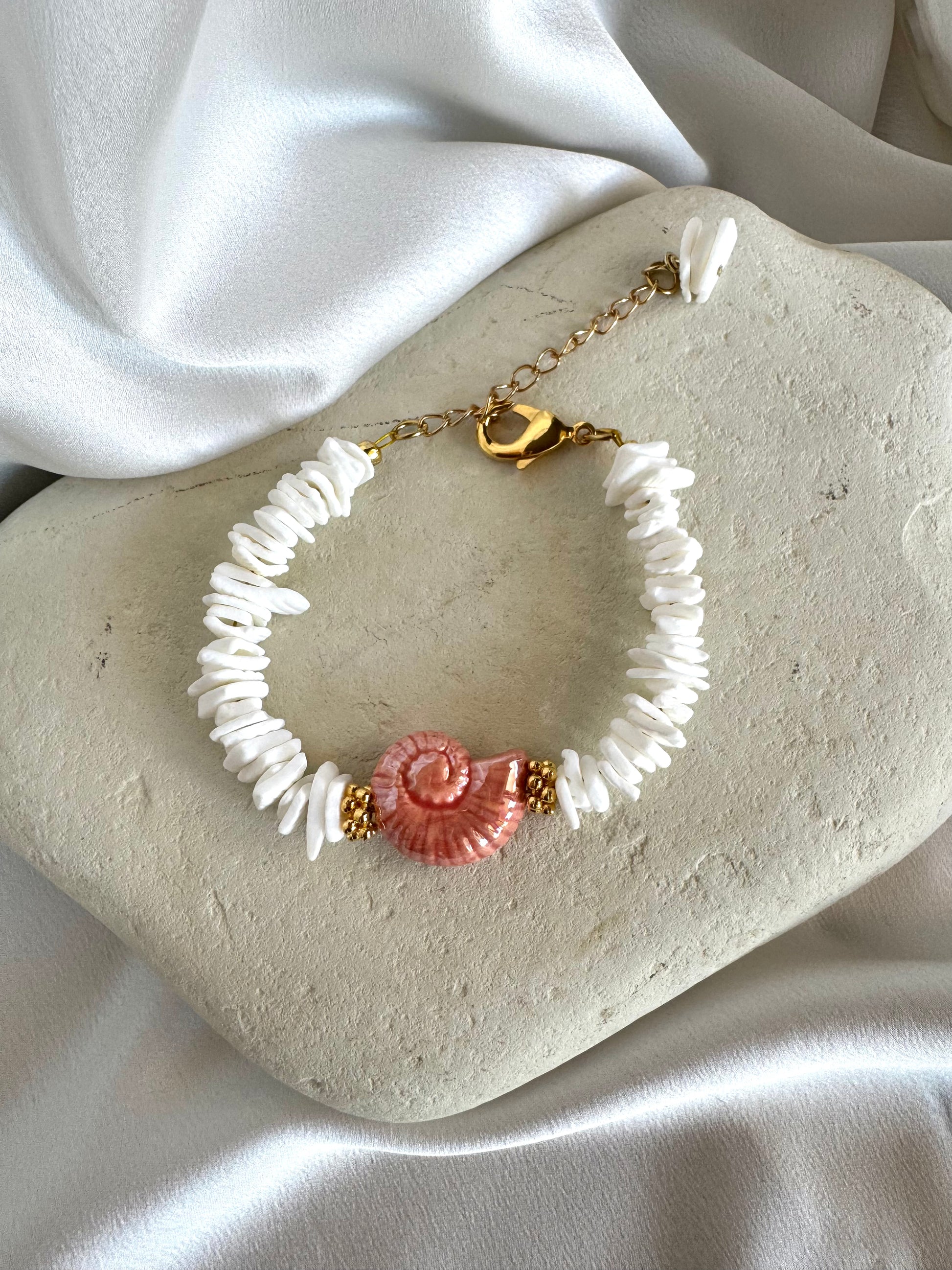 MYKONOS summer bracelet with pink  ceramic shell centerpiece and beachy beads