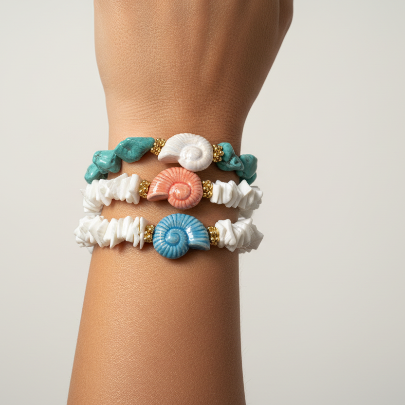 Stack of colorful bracelets with shell designs on a wrist against a neutral background