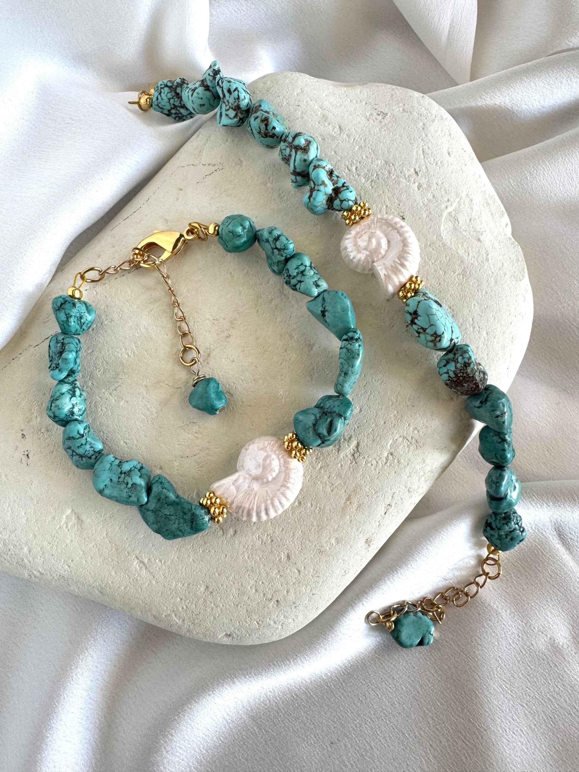 MYKONOS summer bracelet with white ceramic shell centerpiece and turquoise  beads