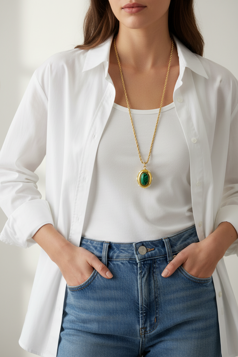 Person wearing a white shirt, blue jeans, and a gold necklace with a green pendant.