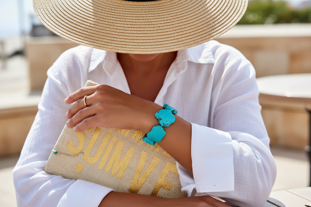 Person wearing a straw hat and white shirt, holding a beige clutch with OCEANA turquoise bracelet on her wrist, outdoors.