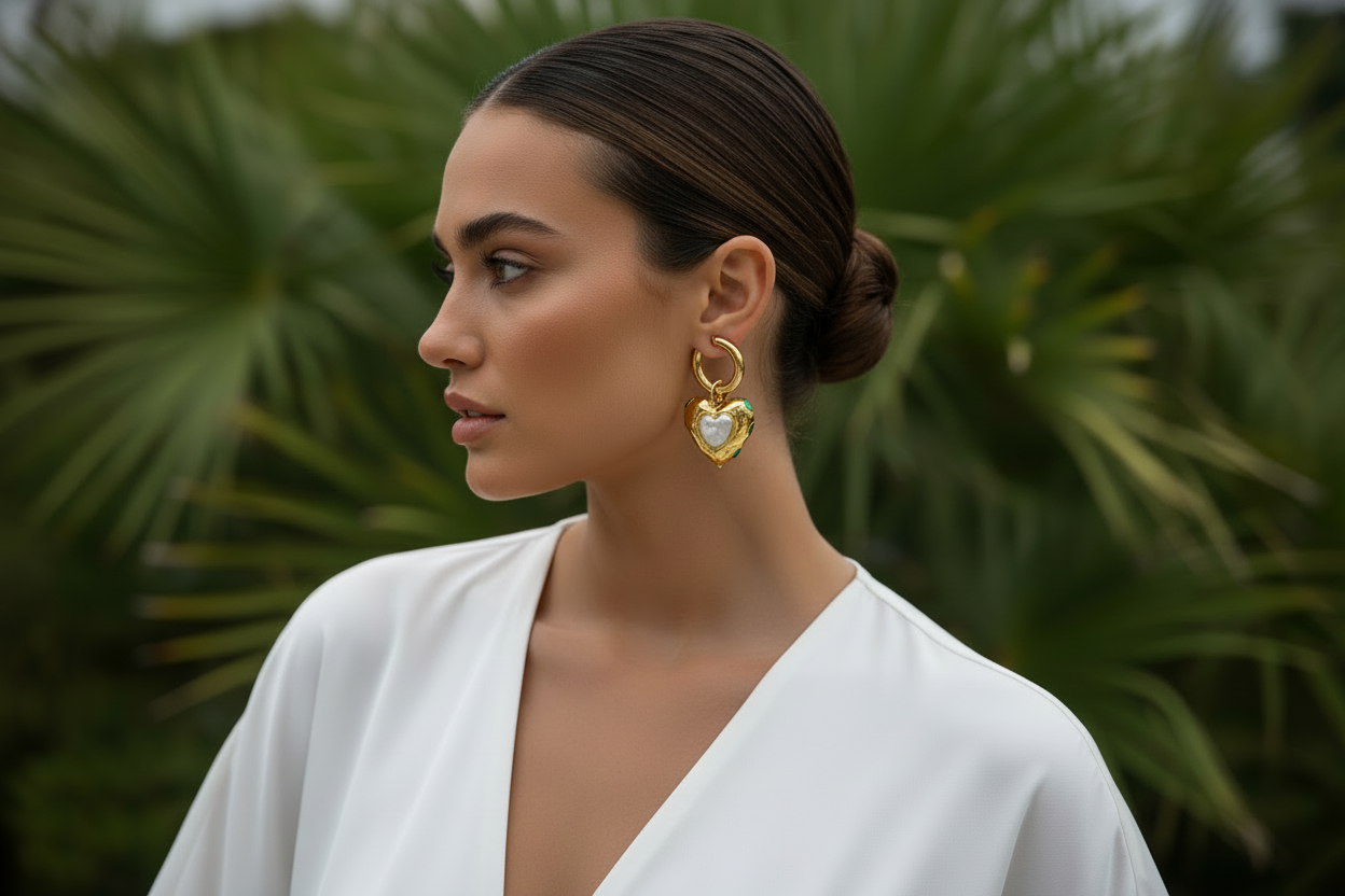 Woman wearing gold earrings with a heart design against a green leafy background