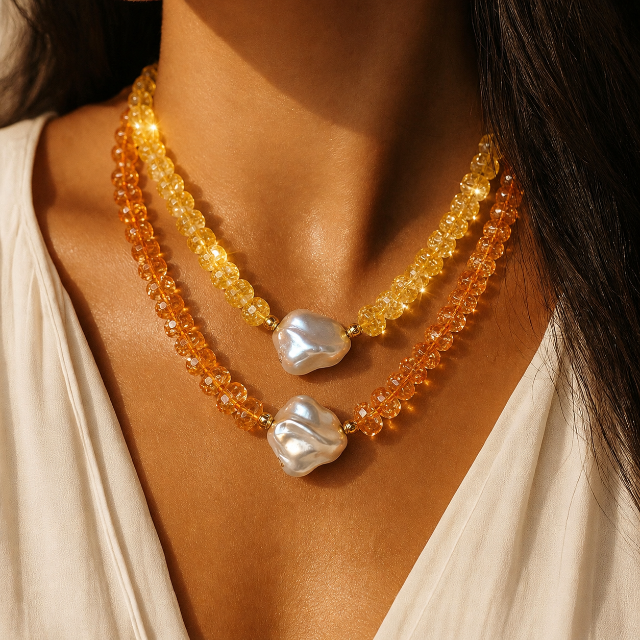 Necklace with orange and yellow beads and mother of pearl worn by a woman
