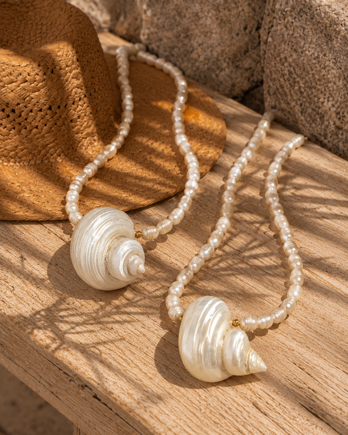 Pearl necklace with shell pendants on a wooden surface