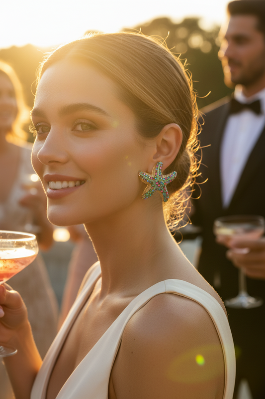 A woman in a white sleeveless dress at a sunset event, wearing the SPETSES  starfish-shaped earring with green and blue rhinestones. A man in a tuxedo is blurred in the background, and she holds a glass of pink champagne.