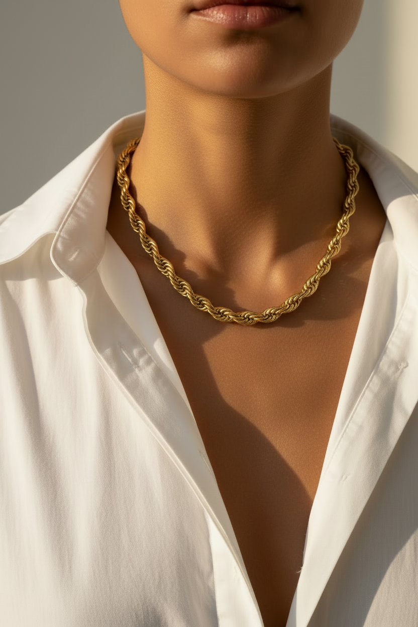 Person wearing a gold necklace with a white shirt