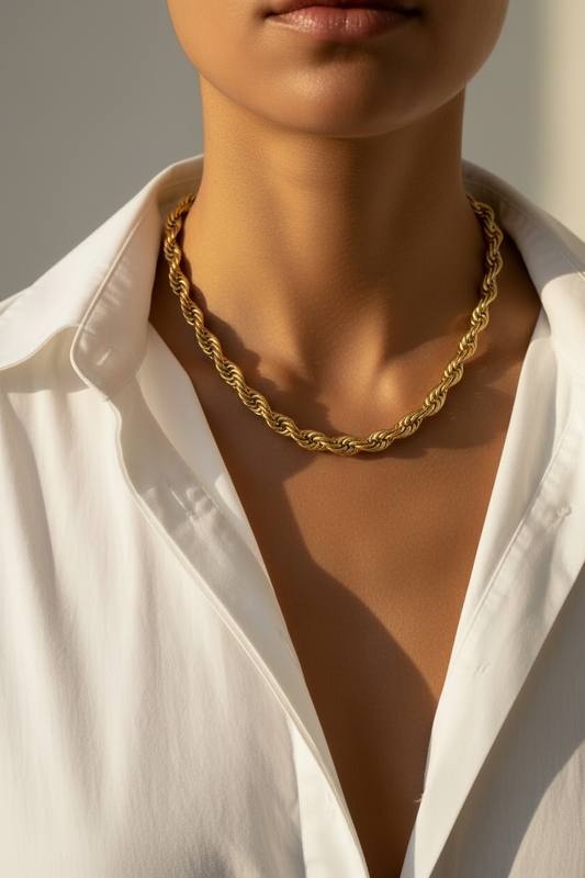 Person wearing a gold necklace with a white shirt