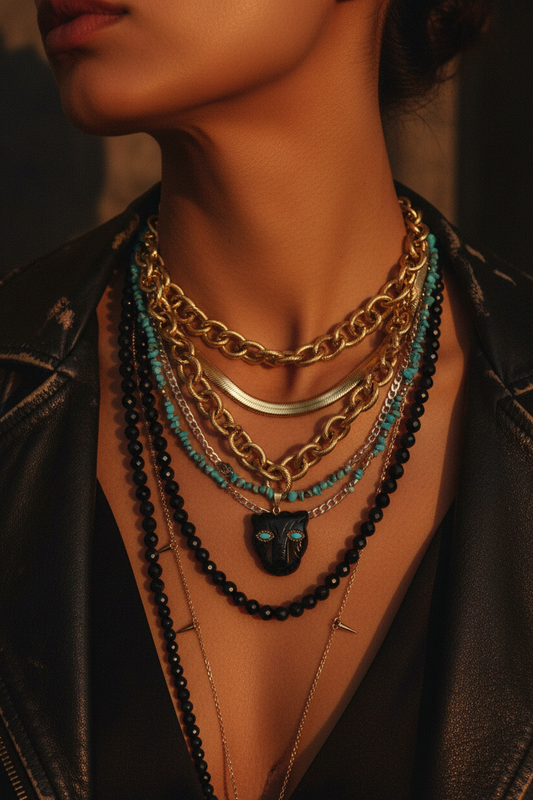 Close-up of a person wearing multiple necklaces with a focus on the neck and chest area.