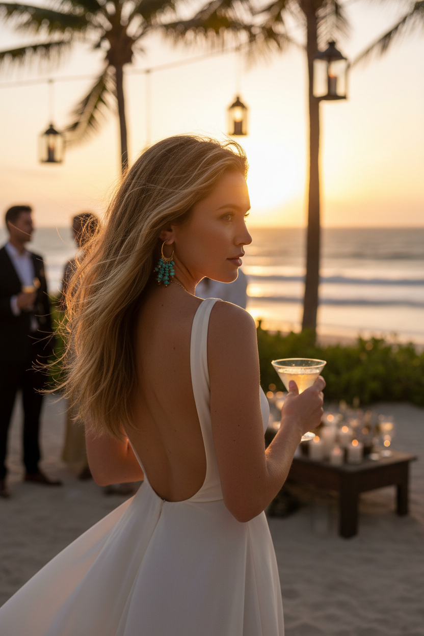 Woman in a white dress holding a drink at sunset by the beach