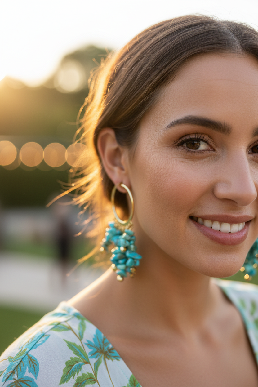 Woman wearing turquoise earrings with a blurred outdoor background