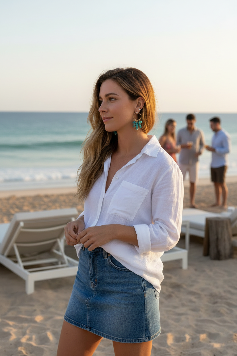 Woman in white shirt and denim skirt standing on a beach with ocean and people in the background.