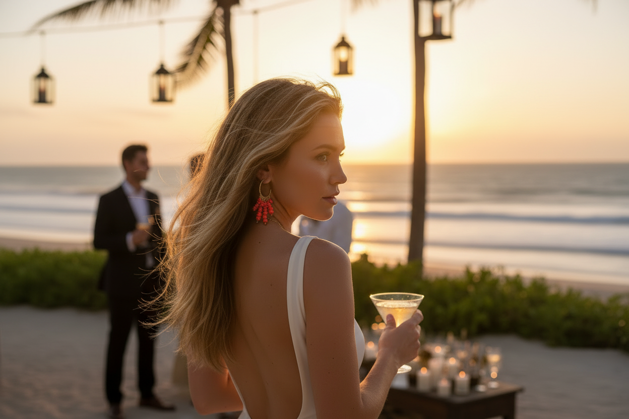 Woman holding a cocktail on a beach at sunset with a man in formal attire in the background.