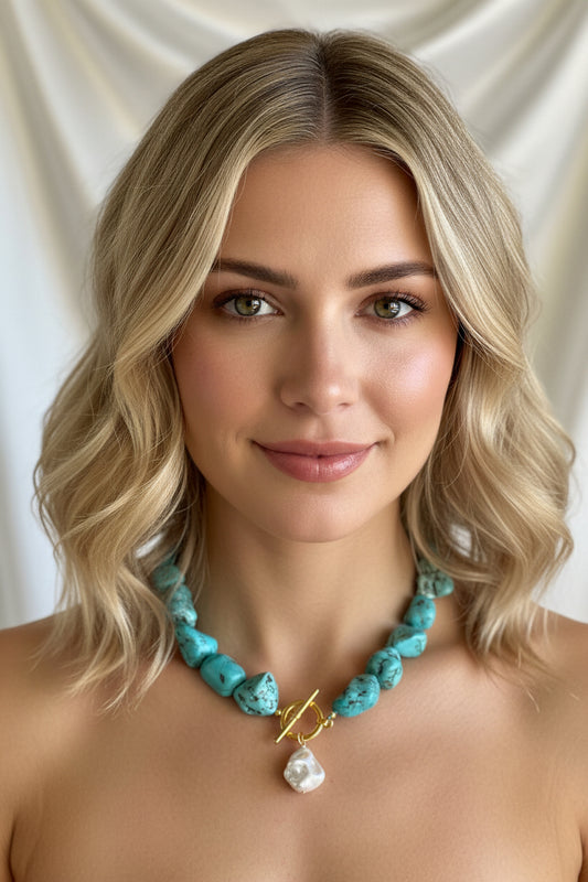 Turquoise beaded necklace with mother of pearl pendant elegant jewelry on woman