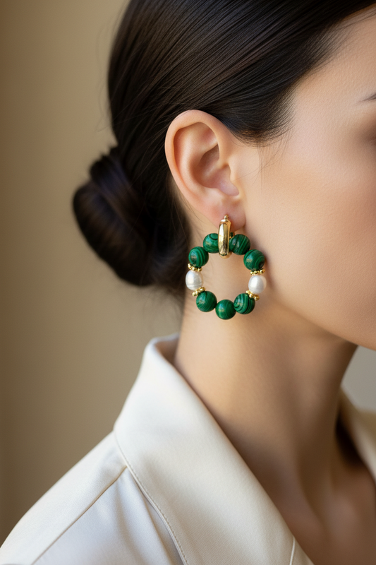 ESTHER brass hoop earrings with malachite beads and freshwater pearls