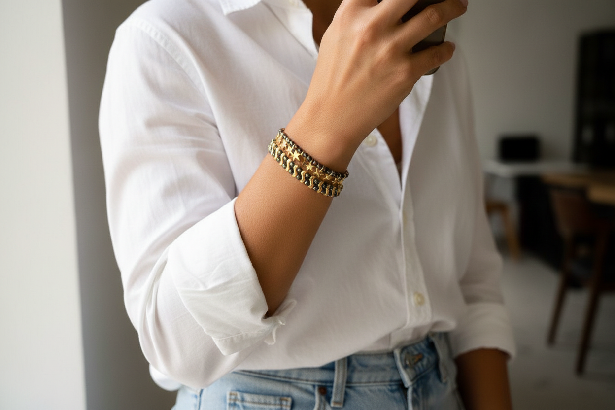 WAVE & STAR bracelets with black hematite and brass beads