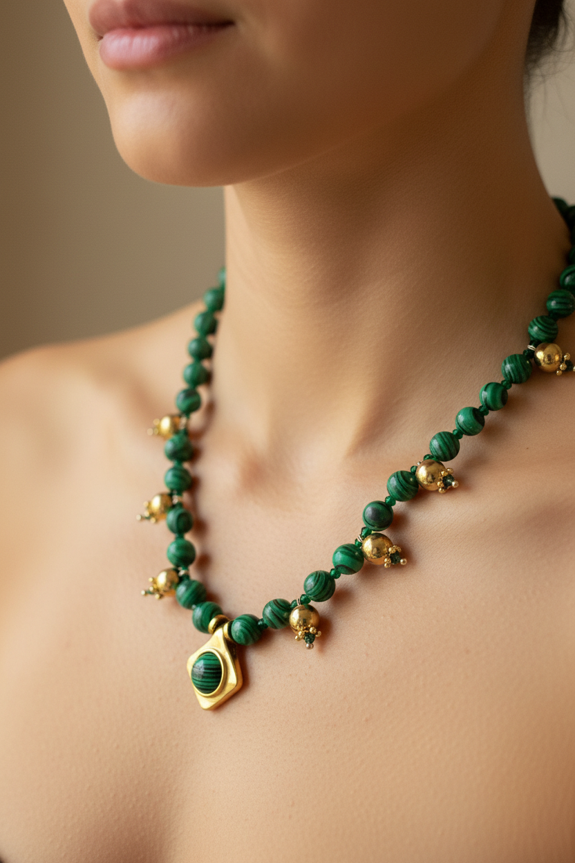 Green beaded necklace with gold accents on a person's neck