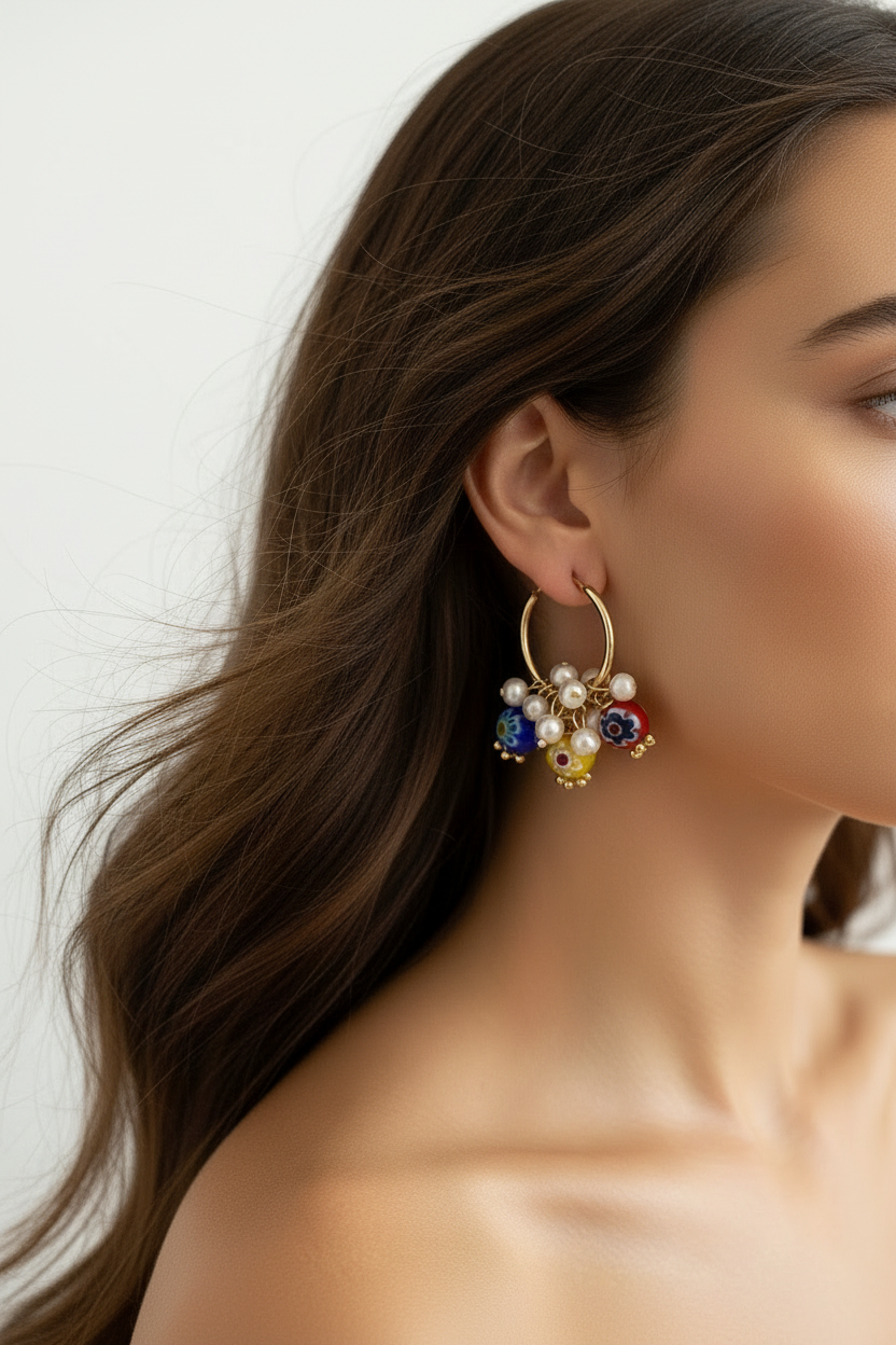 Close-up of a woman wearing a colorful earring with a neutral background