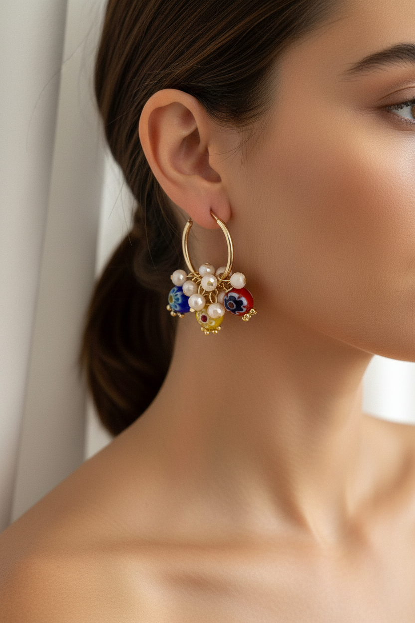 Close-up of a person wearing a gold earring with colorful gemstones against a neutral background
