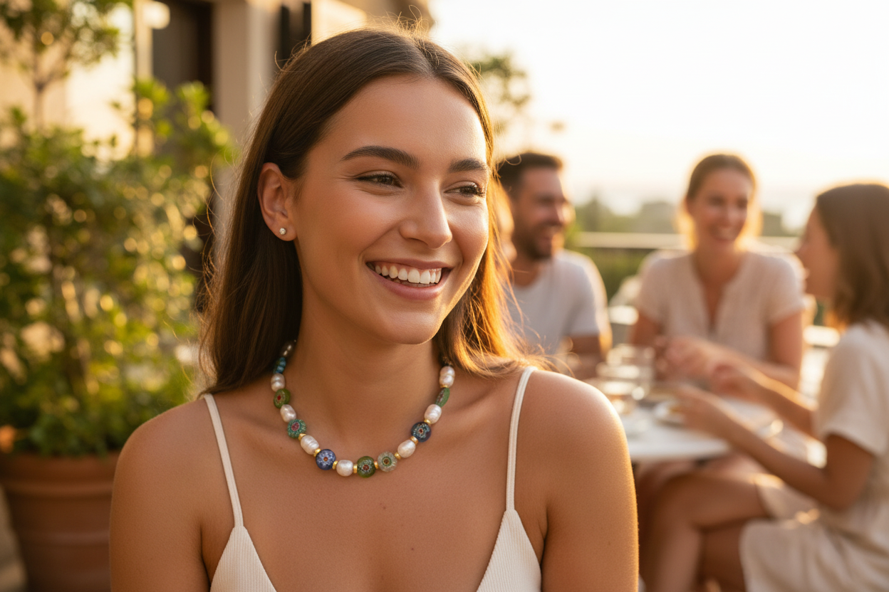 Woman smiling outdoors with friends at a table in the background