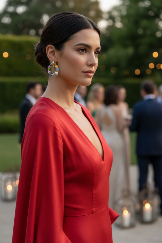 Woman in a red dress at an outdoor event with blurred background