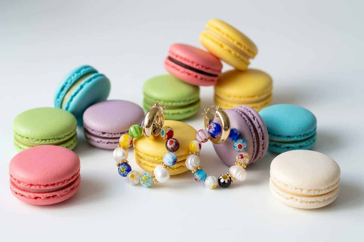 Colorful macaron cookies with decorative earrings on a white background