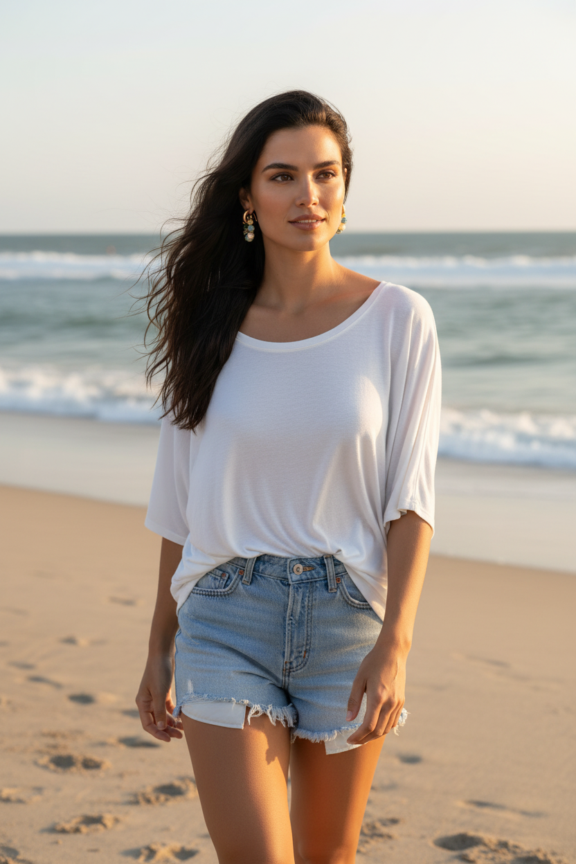 Woman standing on a beach wearing a white top and denim shorts.