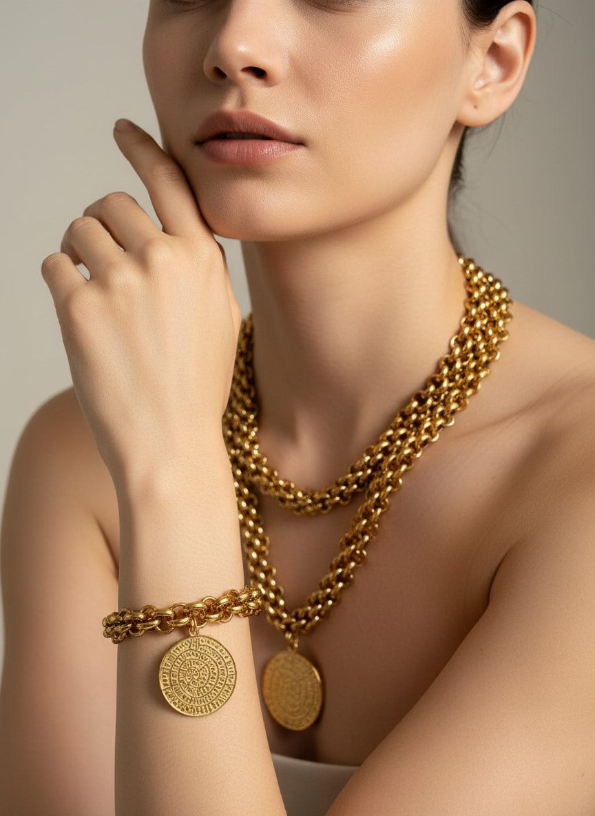 Woman wearing a gold chain necklace and bracelet on a neutral background