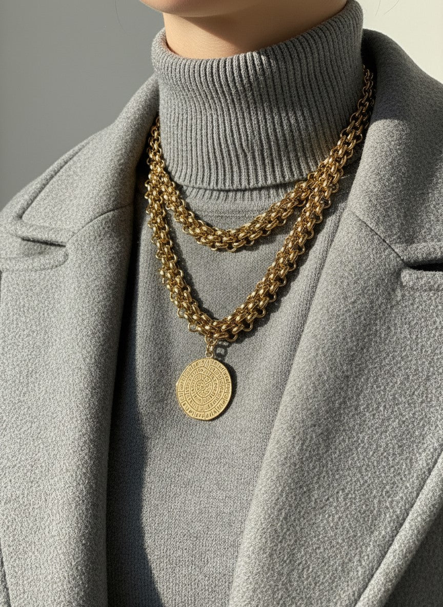 Person wearing a gray turtleneck and gray coat with a gold chain necklace.