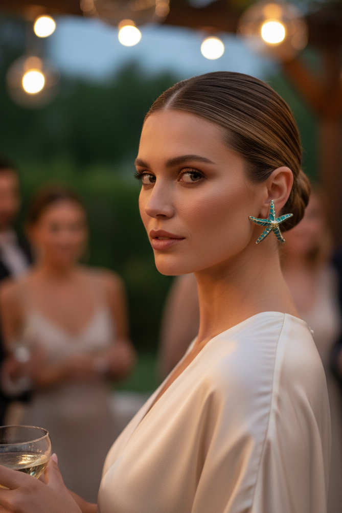 Woman in a white dress with starfish earrings at an outdoor event