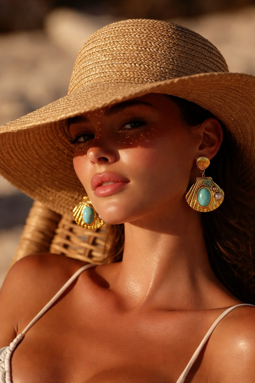 Woman wearing a wide-brimmed straw hat and turquoise earrings on a beach.