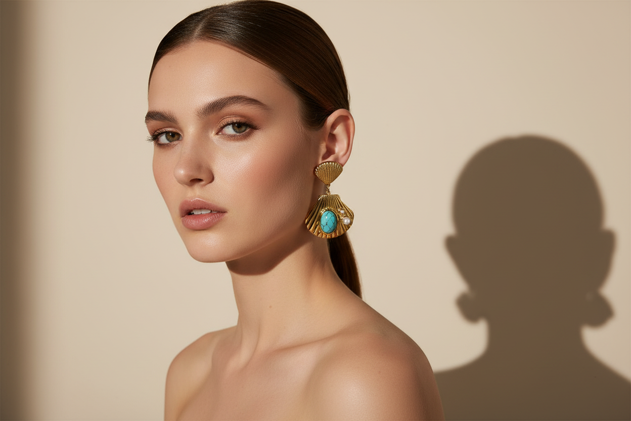 Woman wearing gold earrings with a turquoise stone against a beige background